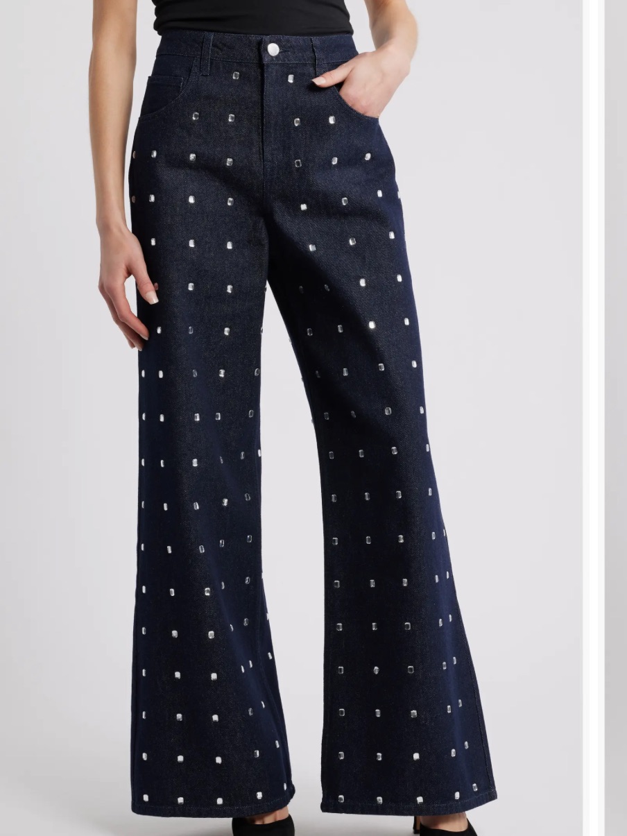 Mango Leo Crystal Embellished Wide Leg Jeans Women’s Open Blue Size 10